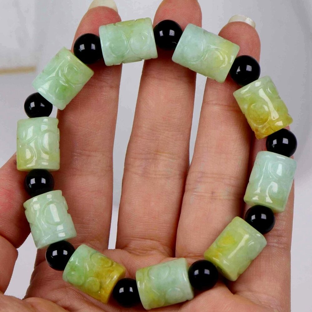Certified Green Natural A Jade Jadeite Moire 13.6*11 mm Bead Bracelet 手链 93342N5